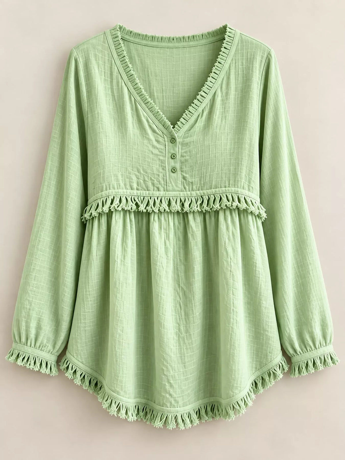 Fringe-trim blouse, light green hanging front