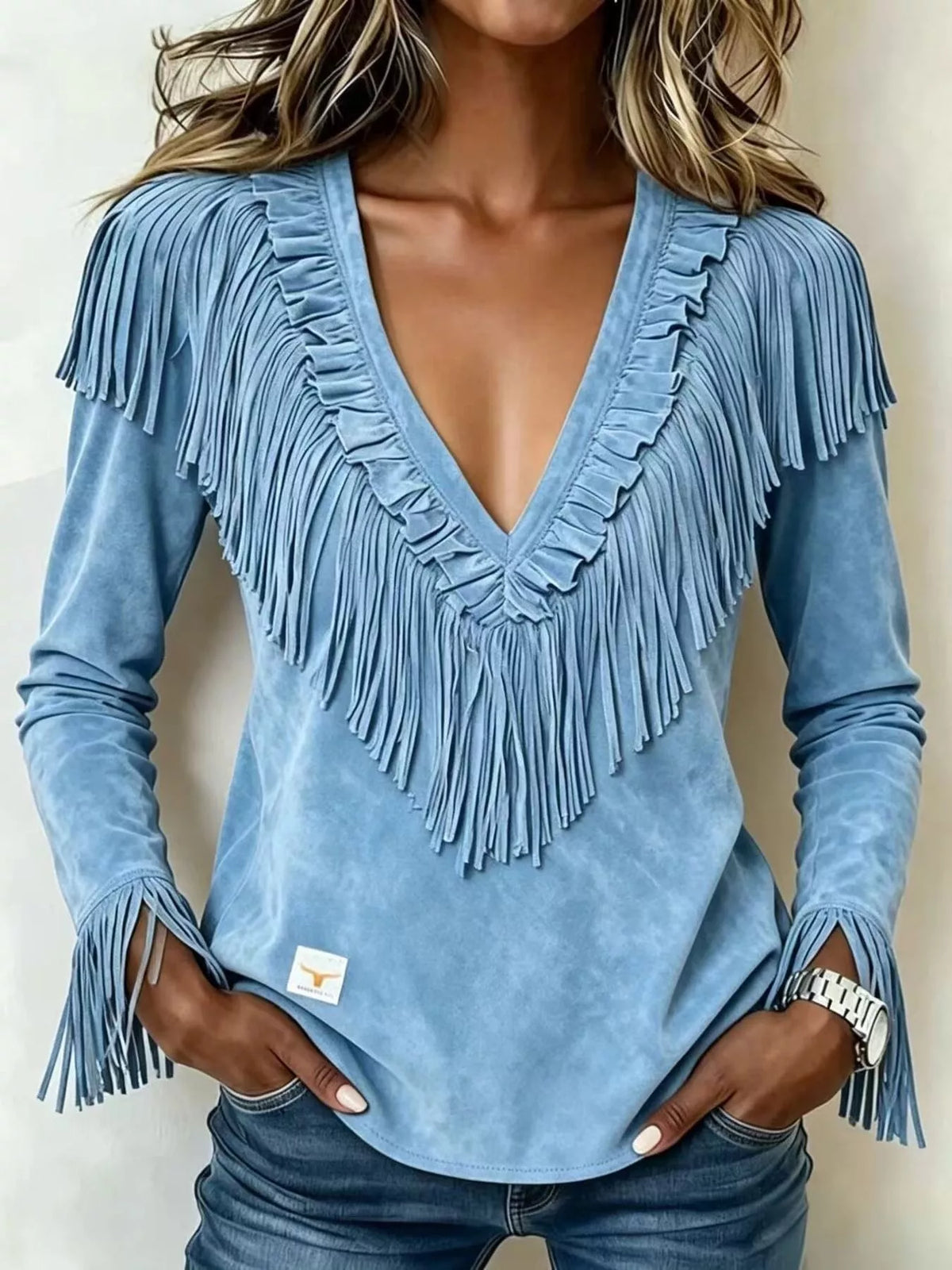 Fringed V-Neck Blouse in light blue, front view