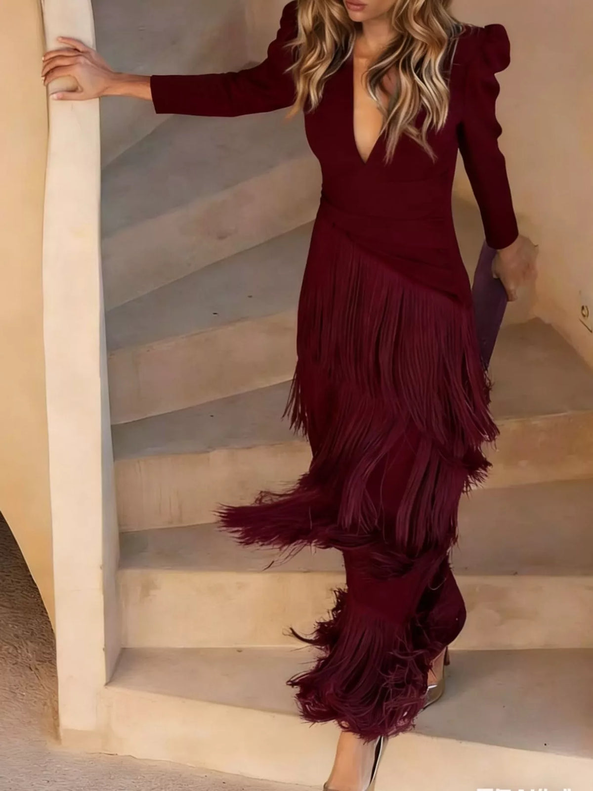 Women's Fringed V-Neck Puff Sleeve Midi Dress in burgundy — front view