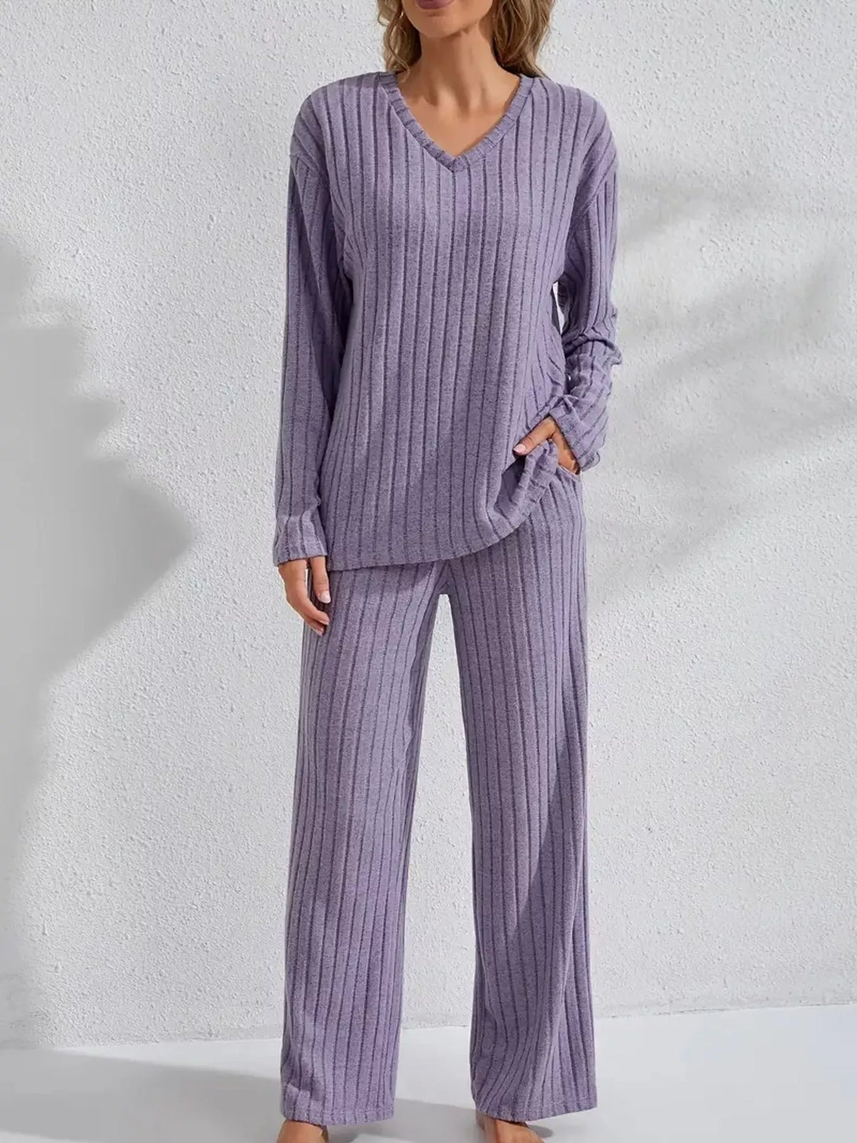 Ribbed Knit V-Neck Top and Pants Lounge Set in purple
