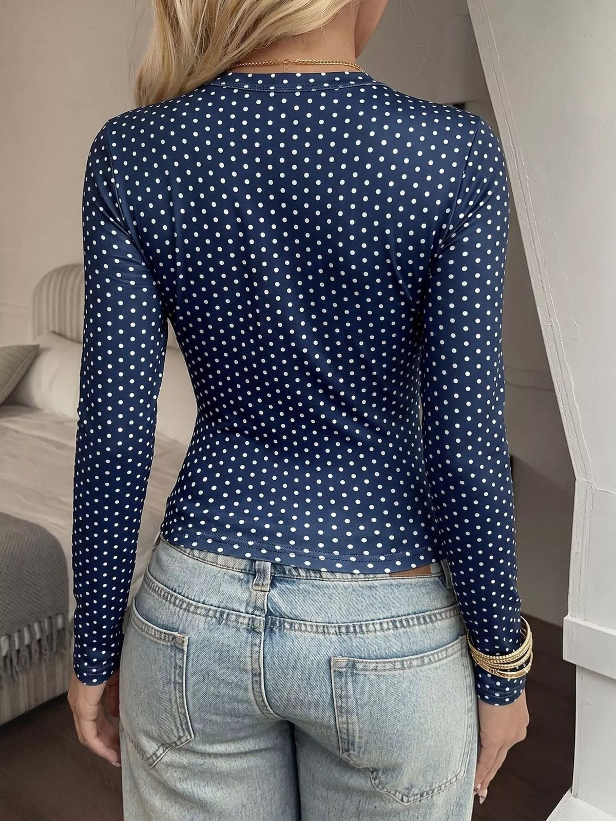 Navy polka dot slim-fit long sleeve T-shirt, back view