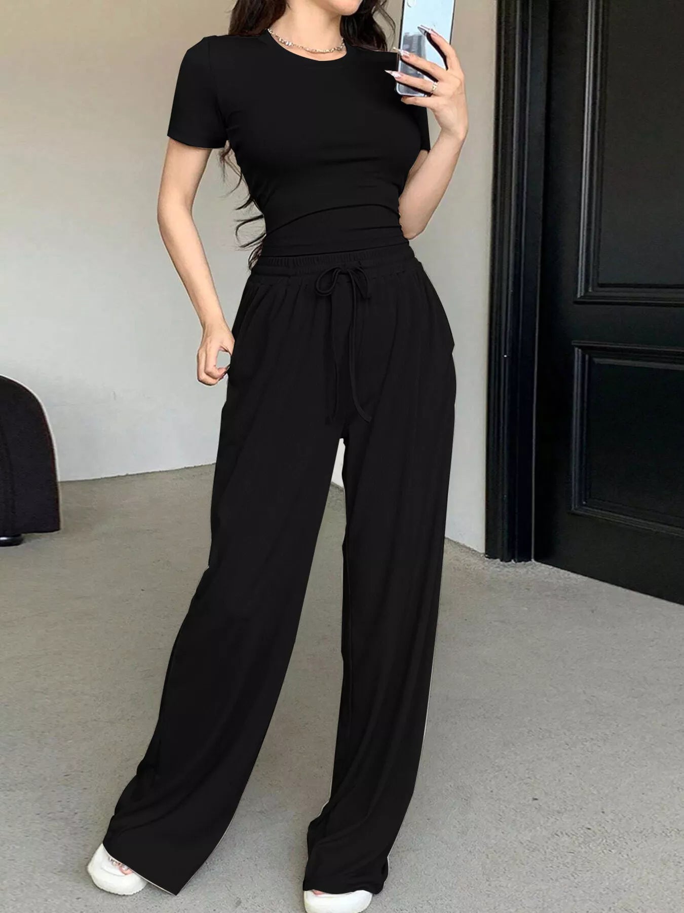 Trendsi Solid Color Short Sleeve Crop Top and Wide Leg Pants Set -