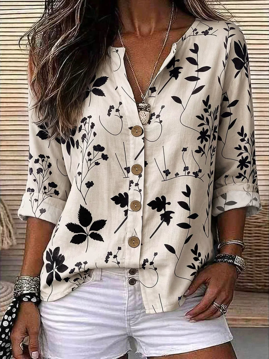 Notched-neck shirt, white black-floral front