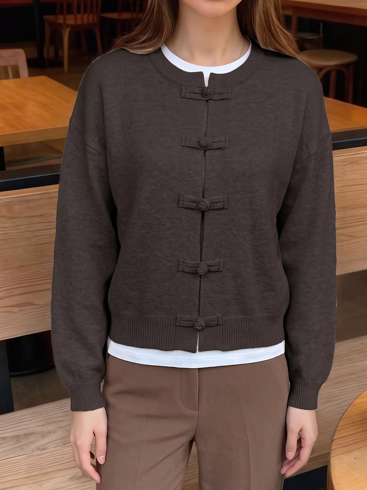 Coffee brown frog-button knit cardigan