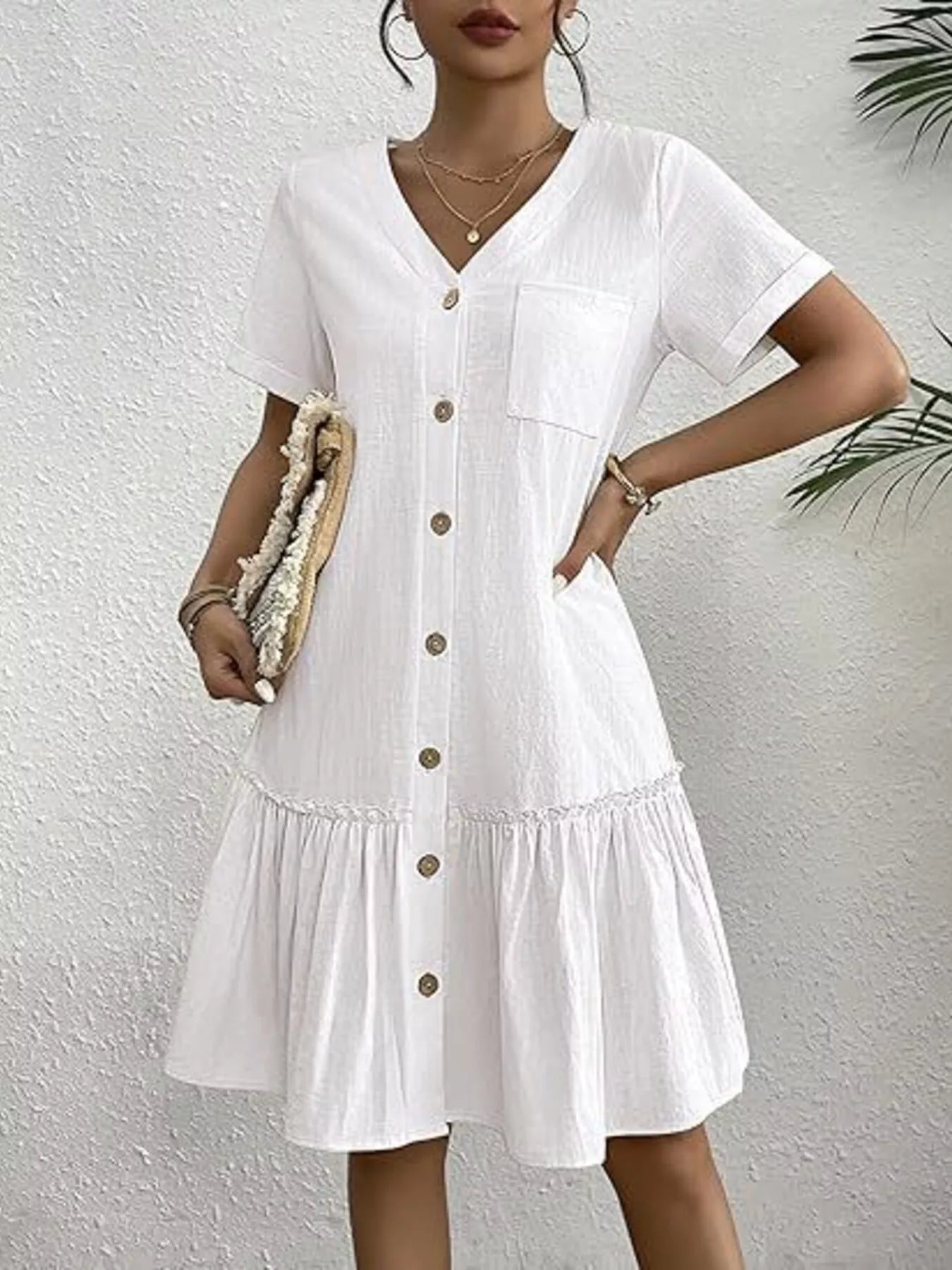 Trendsi Full Size Button-Down Ruffle Hem Mini Dress Plus Size -
