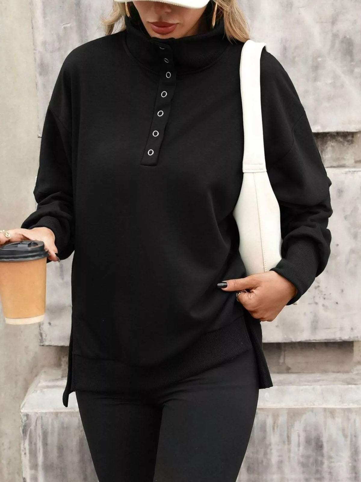 Women's side-slit half-snap sweatshirt