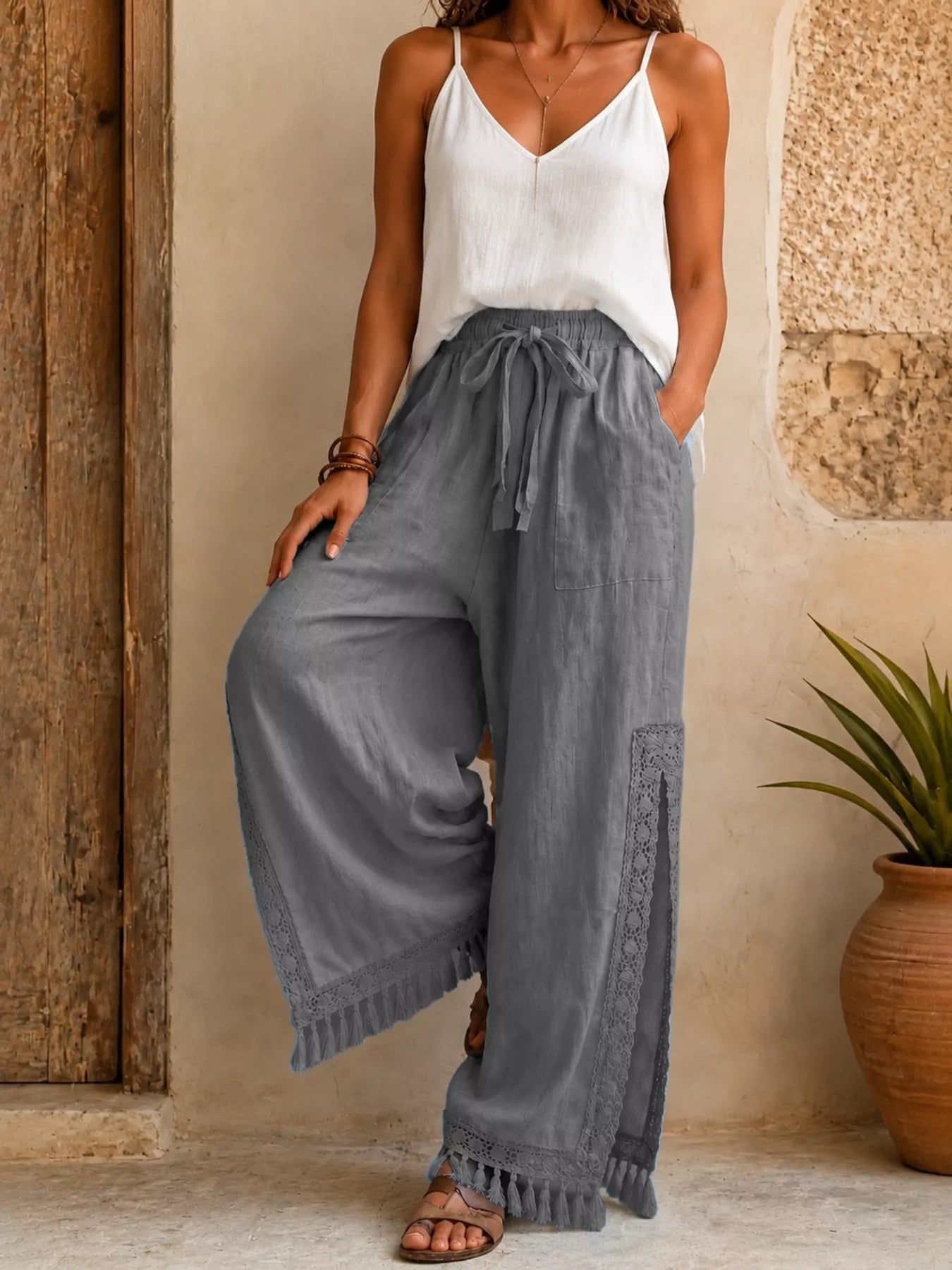 Trendsi Lace Detail Slit Wide Leg Pants -