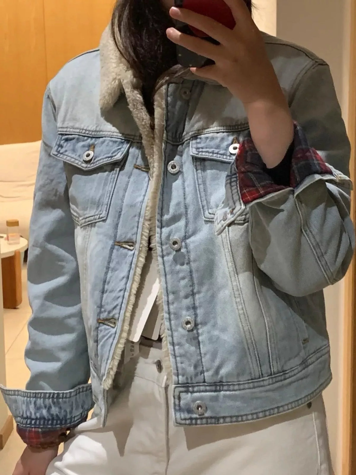 Women's Sherpa-Lined Denim Jacket in light blue — front view