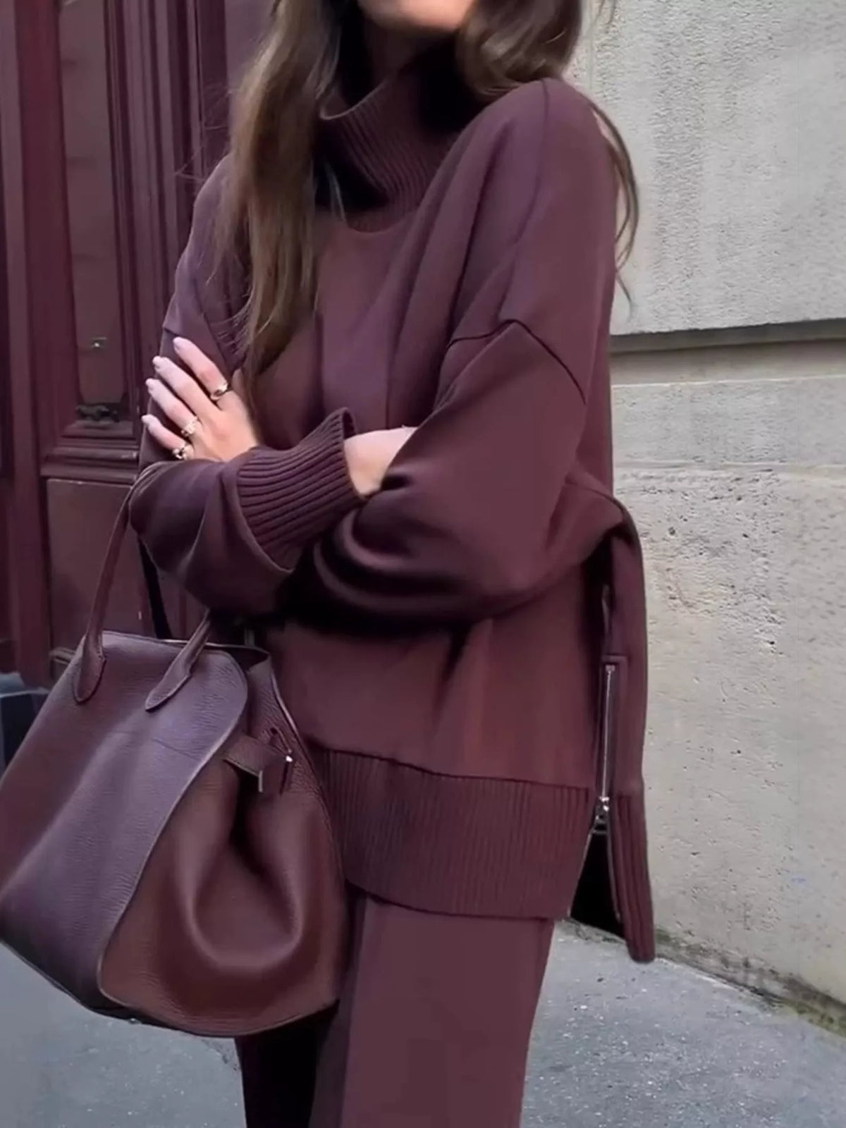 Trendsi Turtleneck Dropped Shoulder Top and Pants Set -