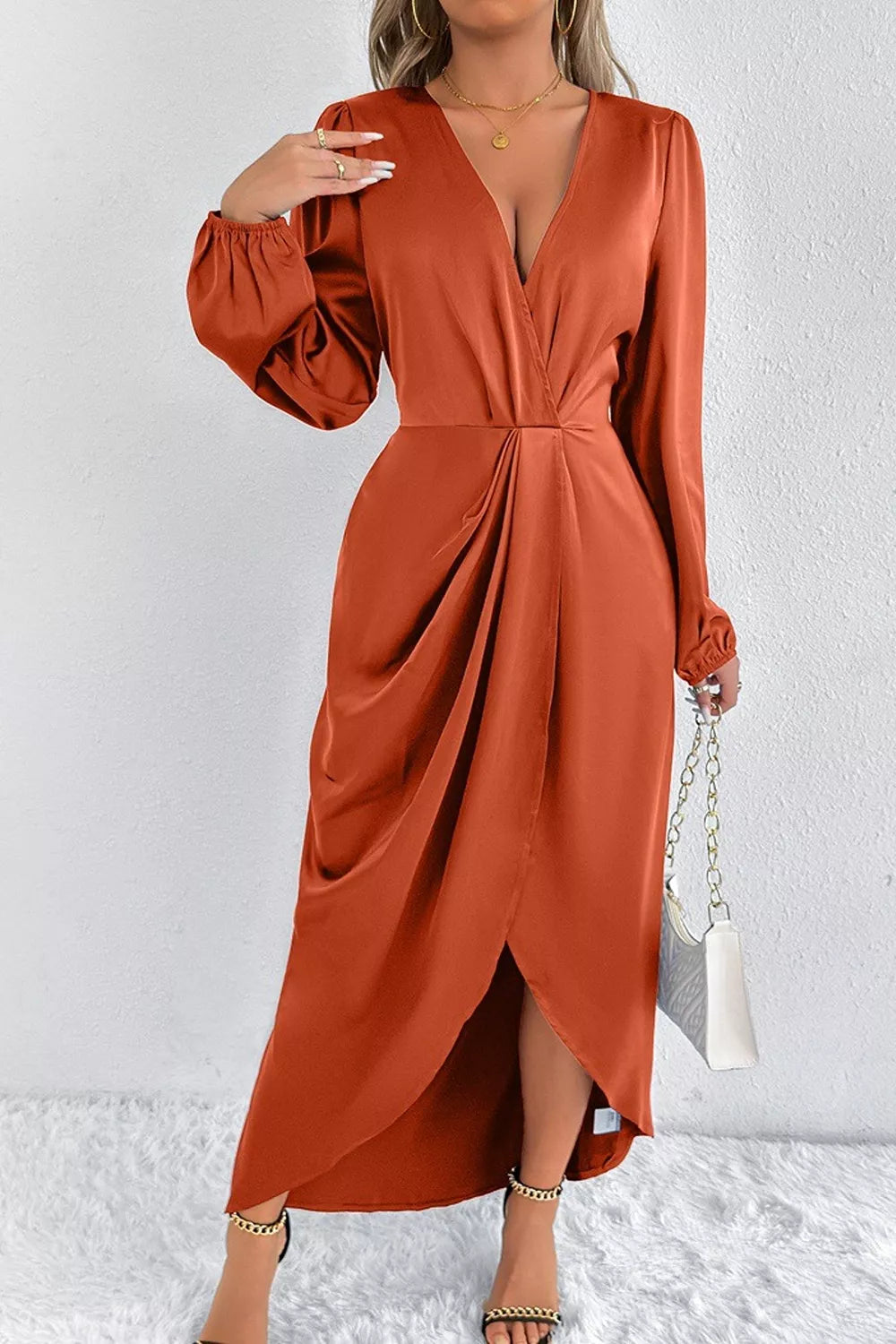 Trendsi Satin Balloon Sleeve Midi Dress -