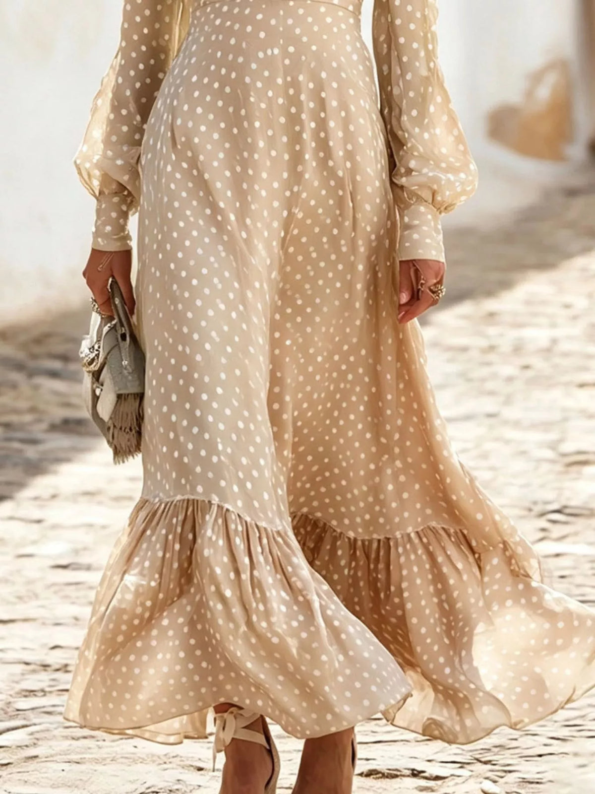 Polka-dot ruffle v-neck maxi dress