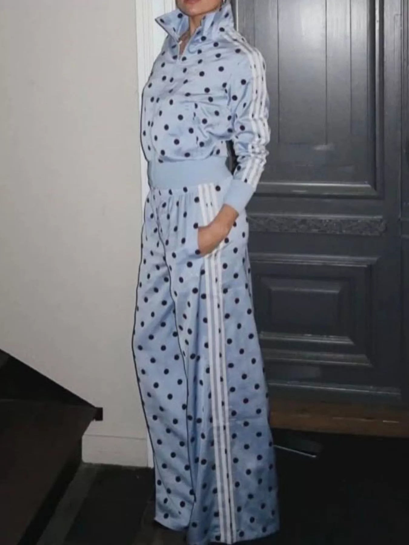 Trendsi Polka Dot Side Striped Outerwear and Pants Set -