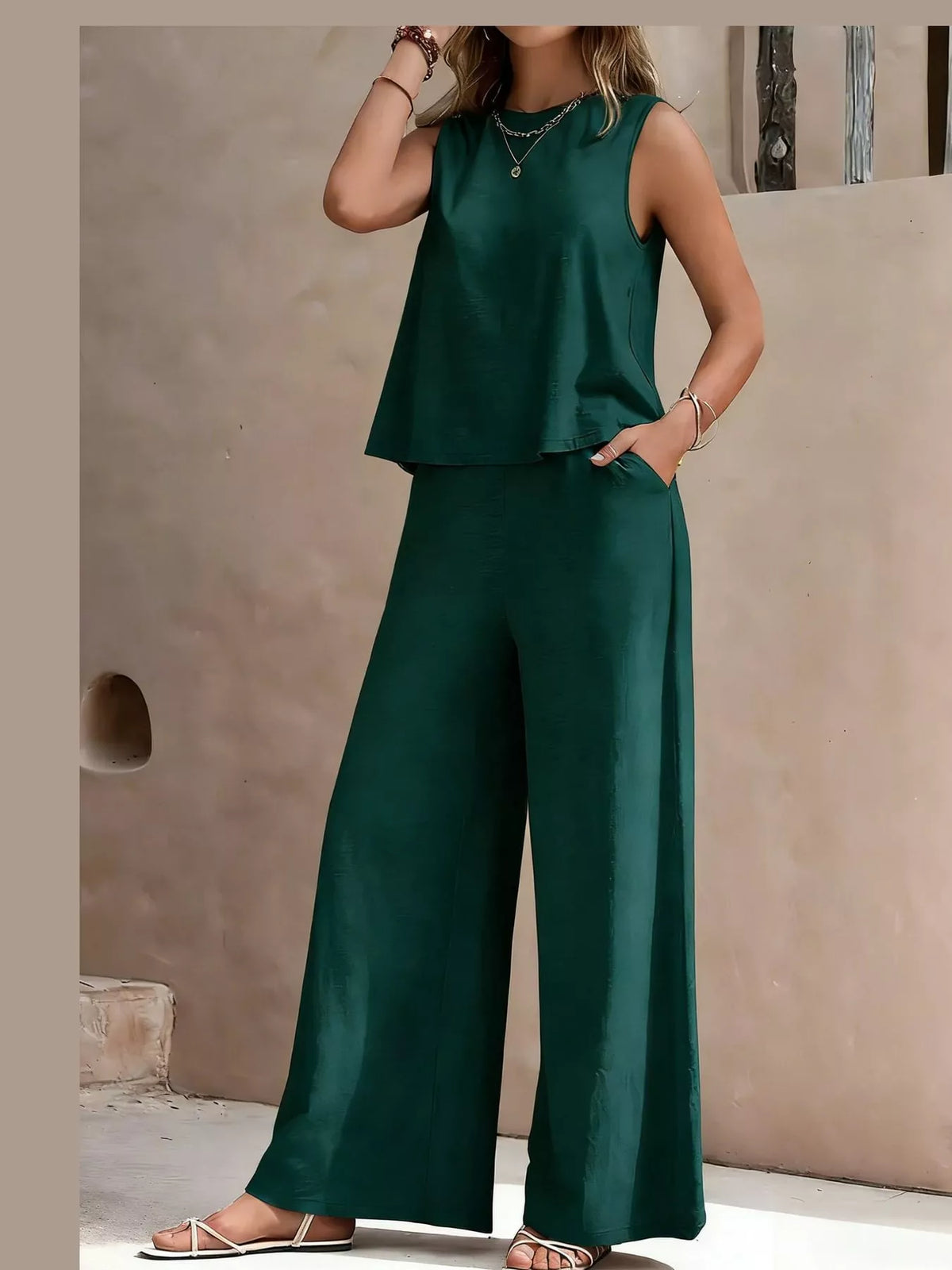 Sleeveless Tank Top and Wide-Leg Pants Set — front view