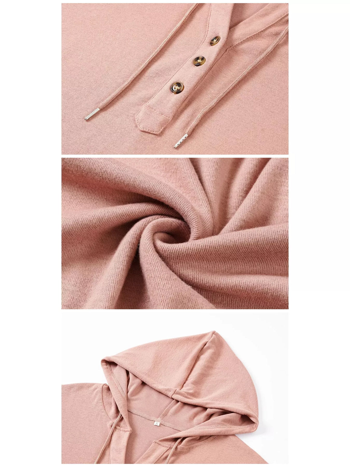 Women's Button Placket Drawstring Dropped Shoulder Hoodie in pink — detail collage view
