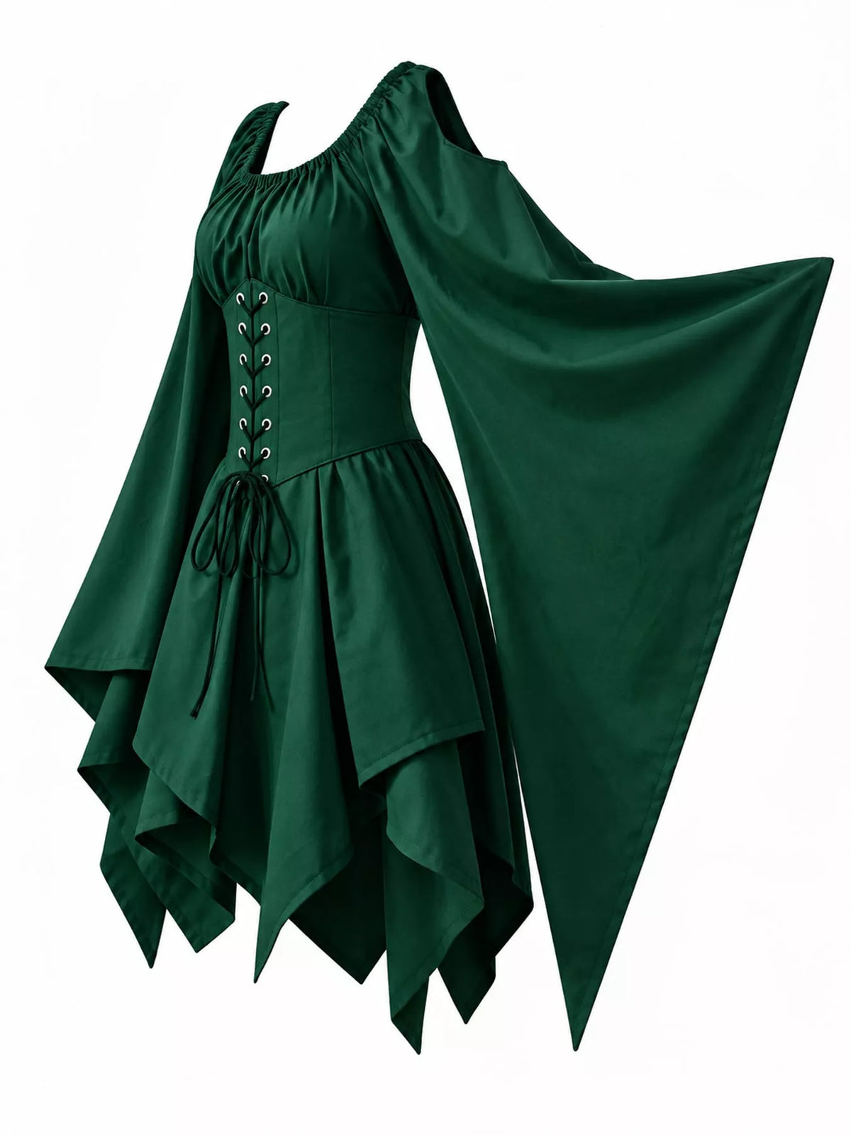 Lace-up asymmetric dress, green side