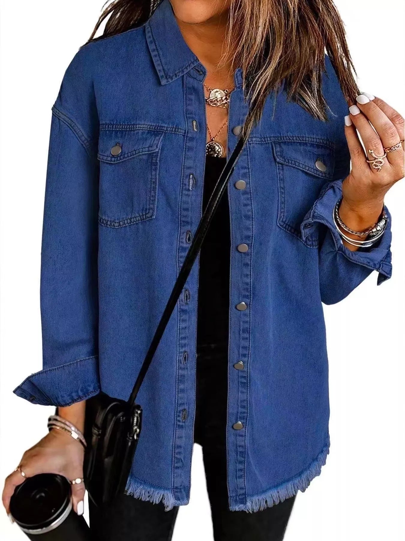 Trendsi Frayed Hem Button Up Denim Jacket -