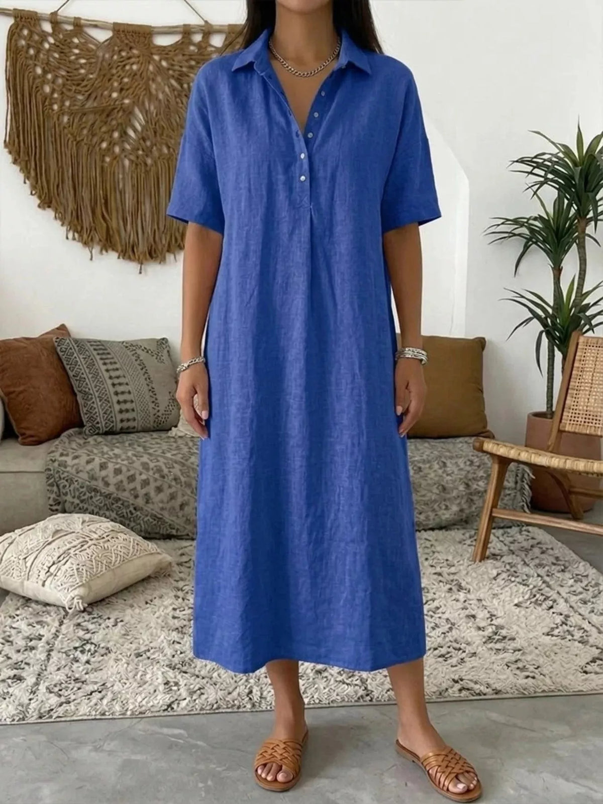 Blue Button-Front Short Sleeve Midi Shirt Dress front view
