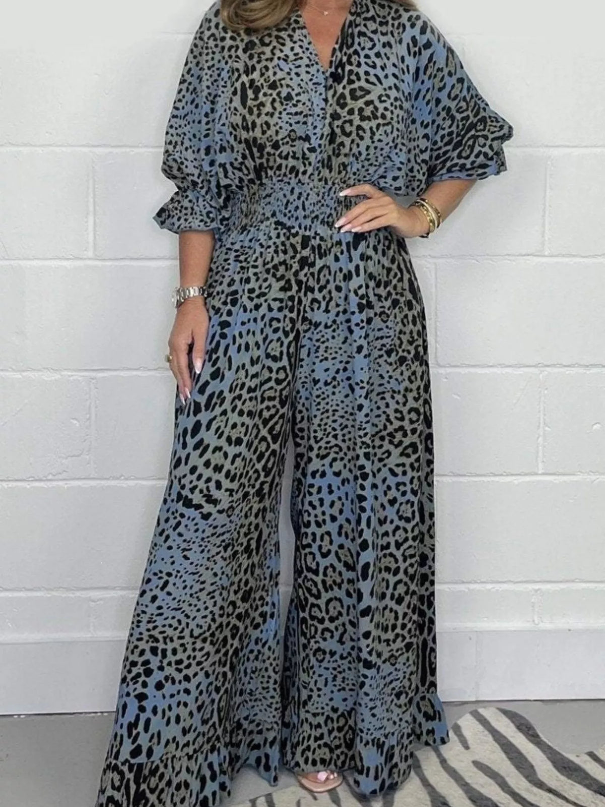 Blue leopard leopard print v-neck wide-leg jumpsuit — front view