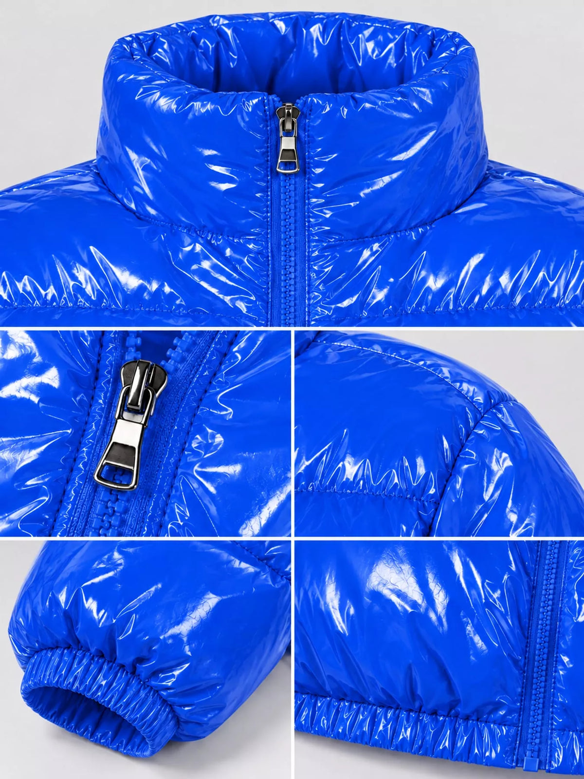 Glossy Stand-Collar Zip-Up Puffer Jacket — garment construction details