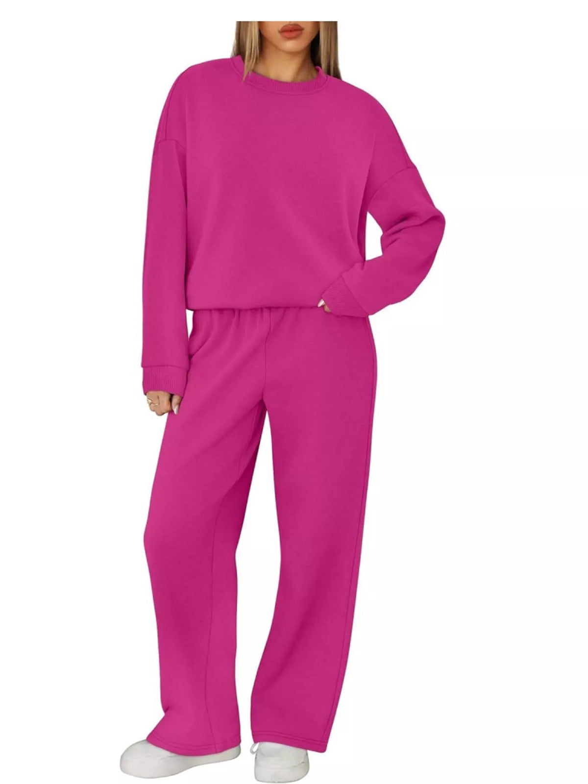 Crewneck Drop Shoulder Sweatshirt and Wide-Leg Pants Set — front view