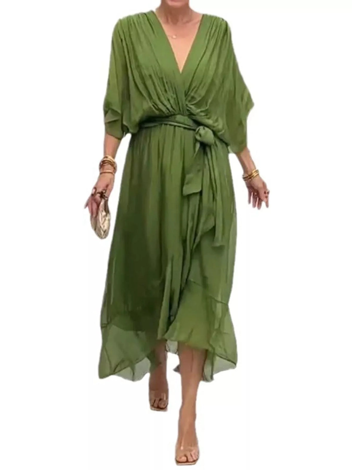 Green batwing sleeve wrap dress with waist tie, front view