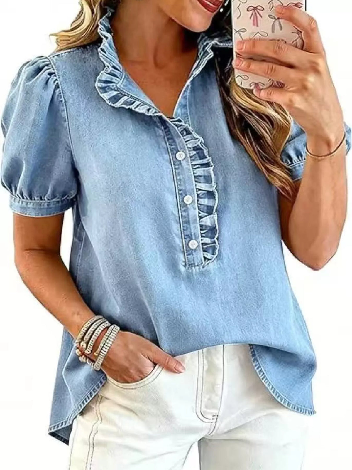 Trendsi Frill Puff Sleeve Denim Top -