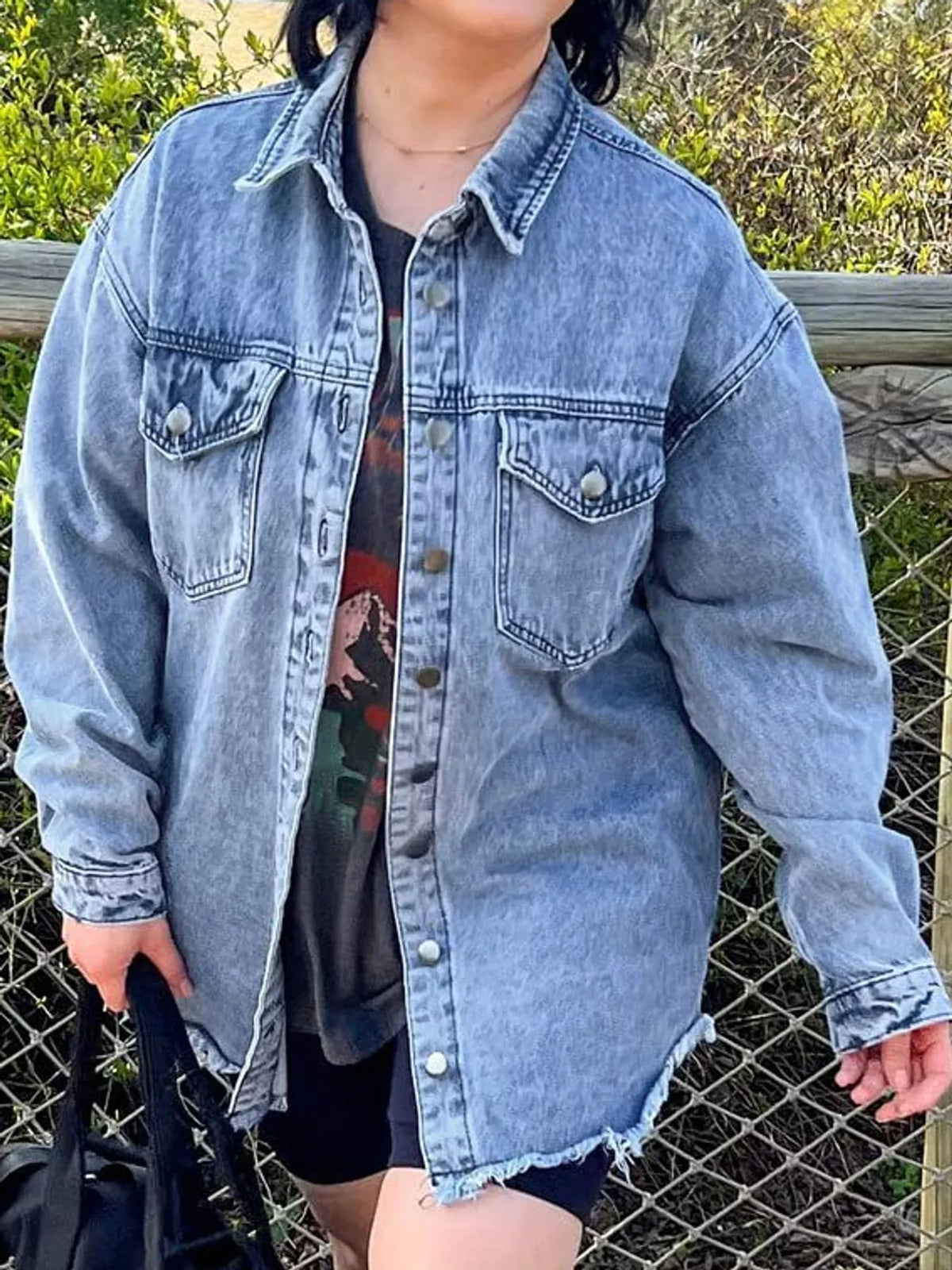 Blue raw hem button-up denim jacket — front view