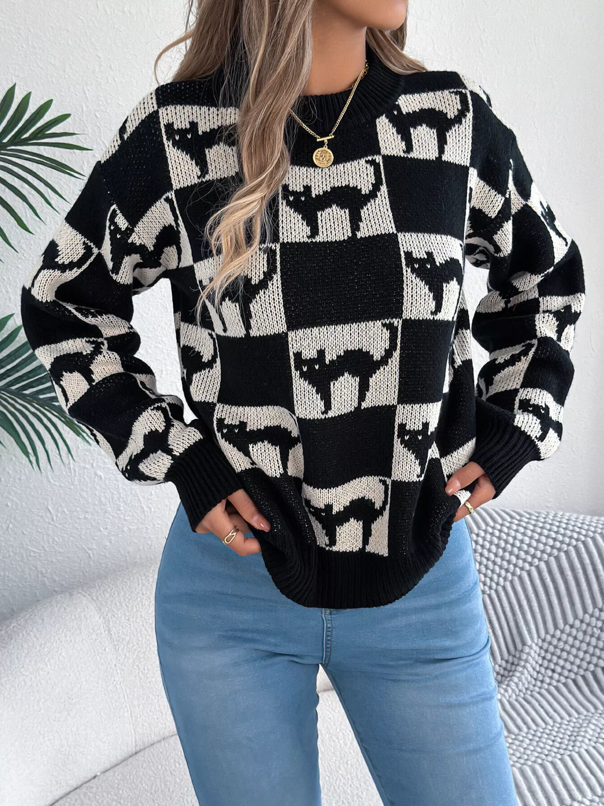 Checkerboard Halloween Graphic Sweater in black cat, front view