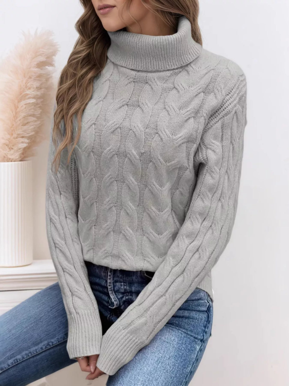 Women's Cable-Knit Turtleneck Sweater in Apricot, front view