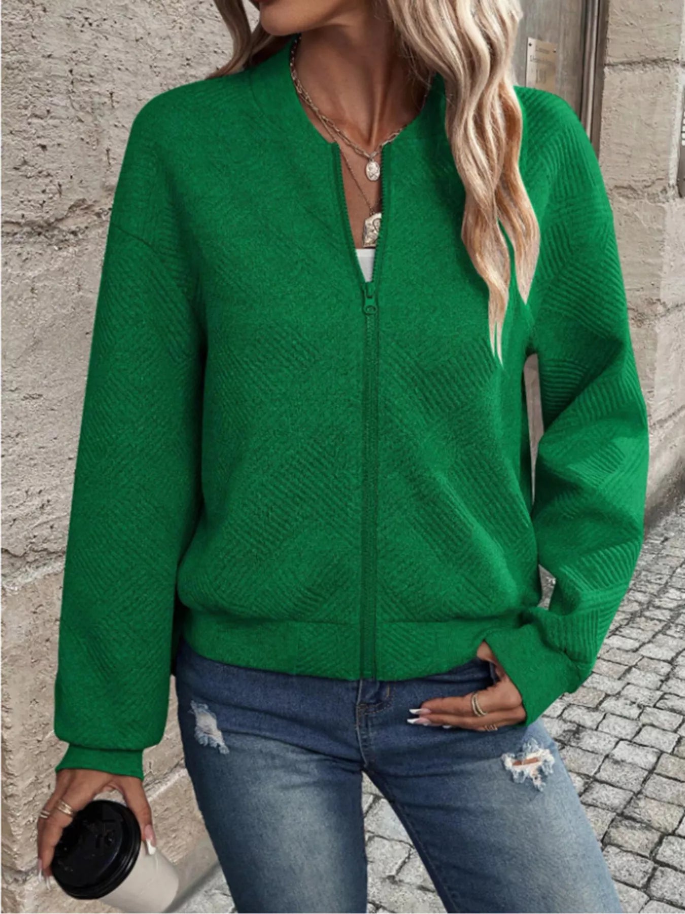 Trendsi Textured Knit Zip-Up Bomber Jacket -