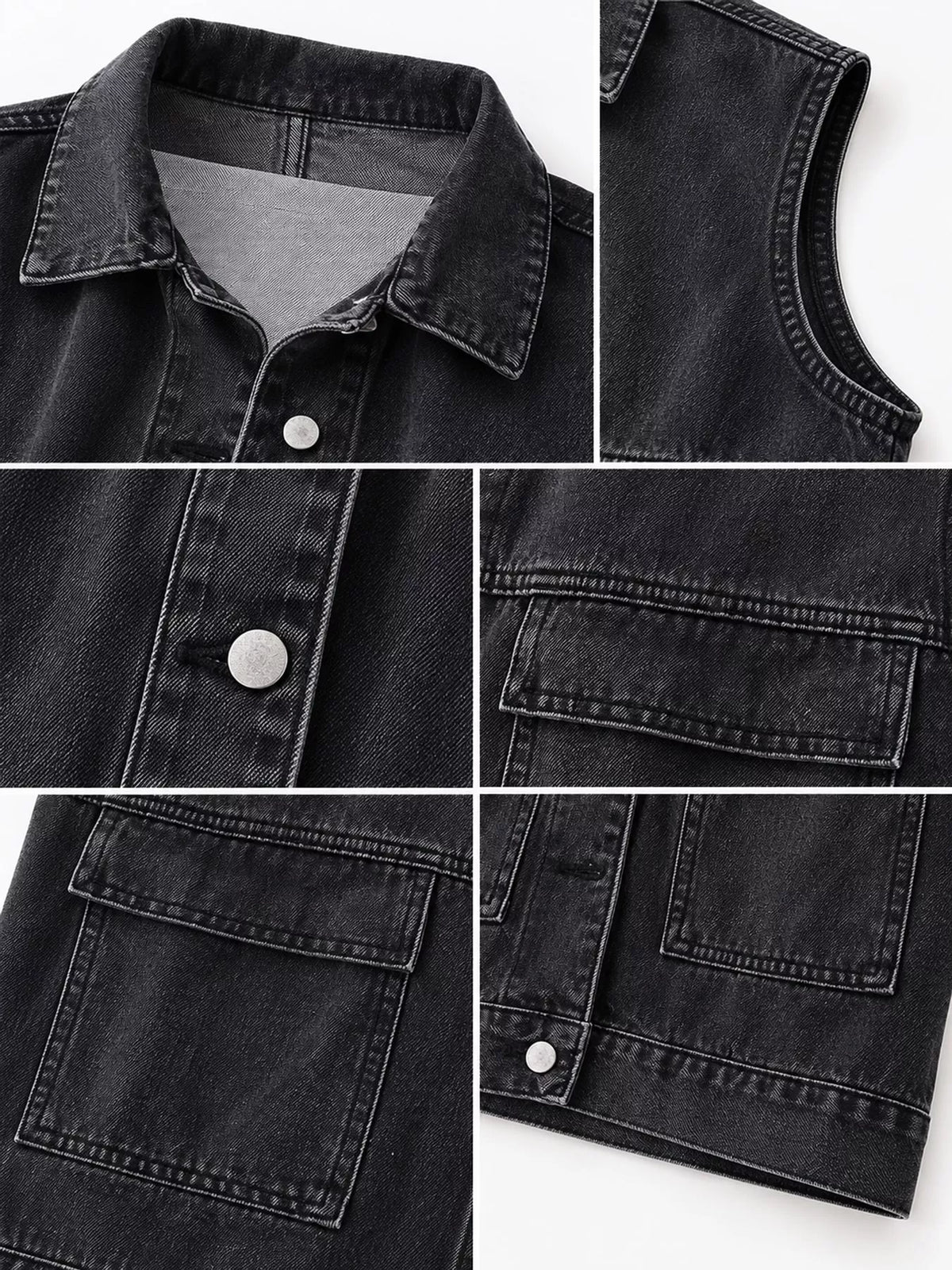 Black vintage washed sleeveless denim jacket vest, detail view