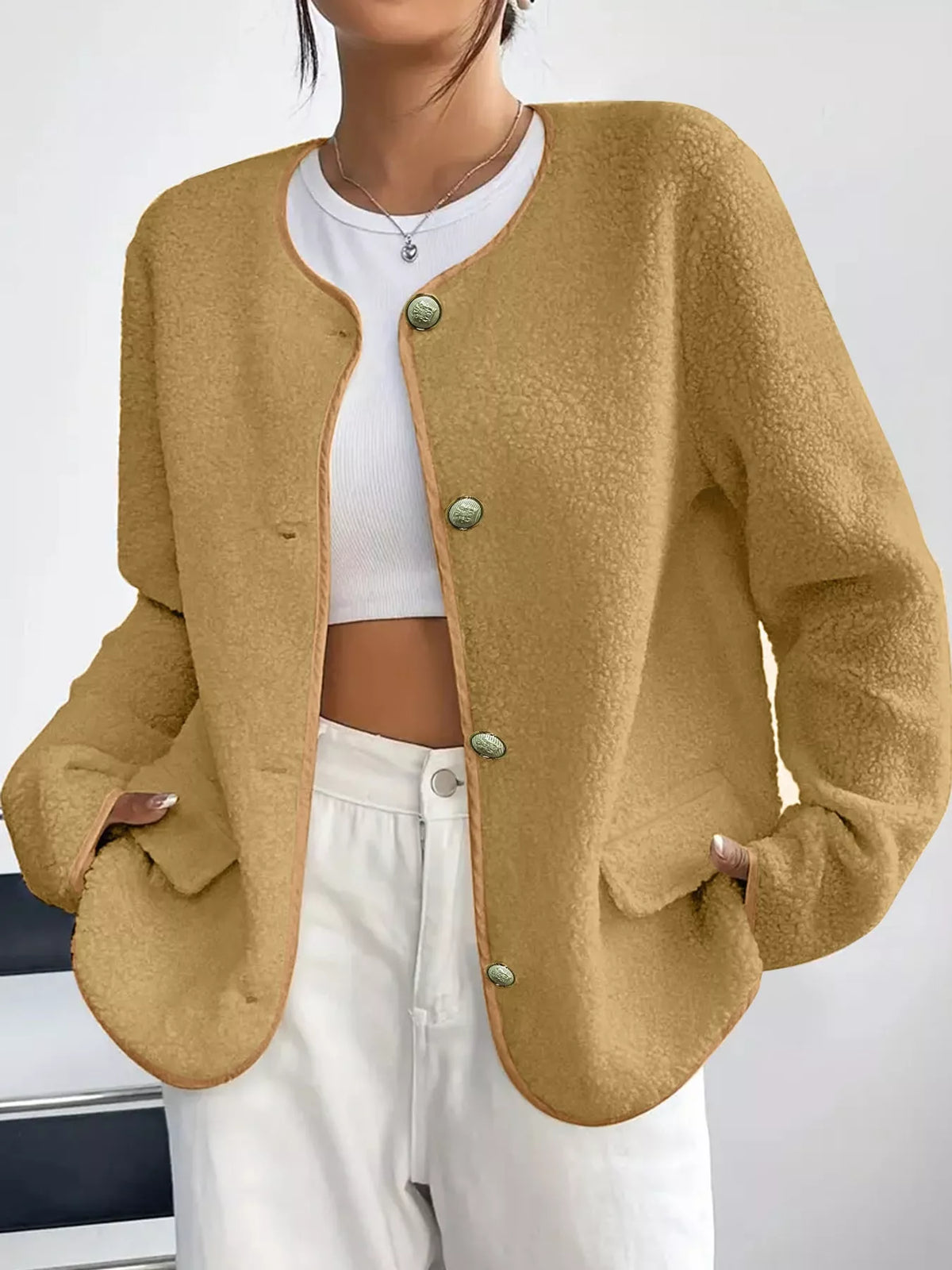 Mustard textured button-front jacket — front view