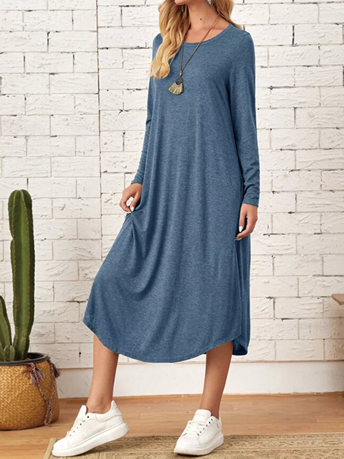 Round neck long sleeve midi dress, side view