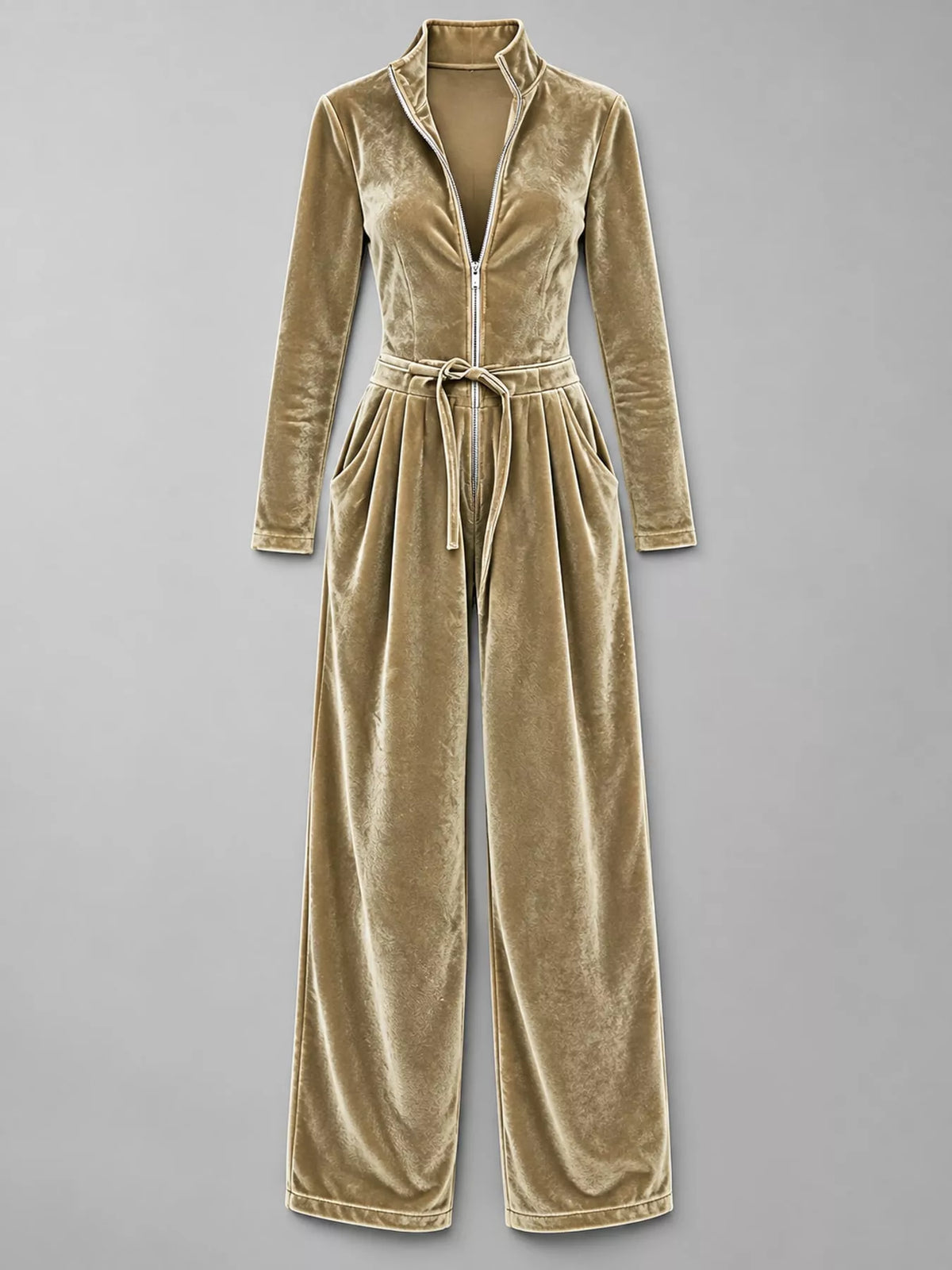 Beige velvet zip up jumpsuit with tie waist, front view