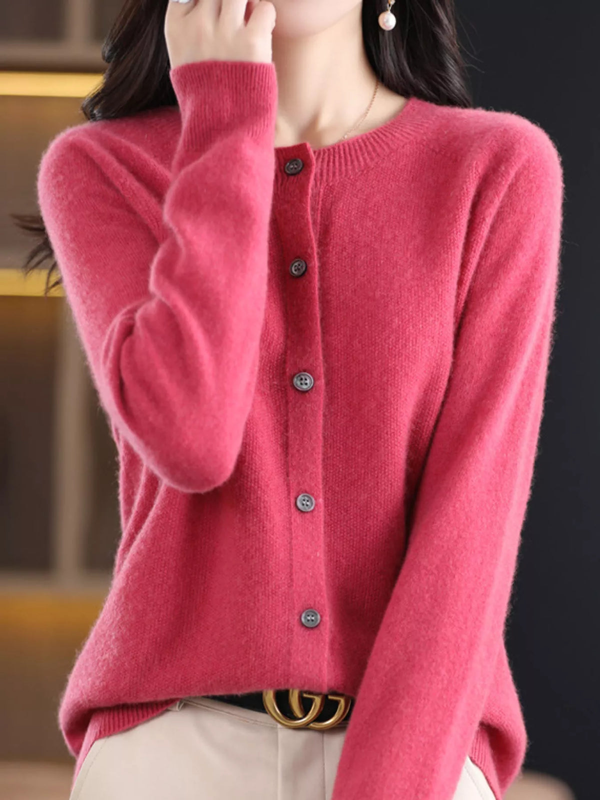 Round neck long sleeve cardigan, front view on model
