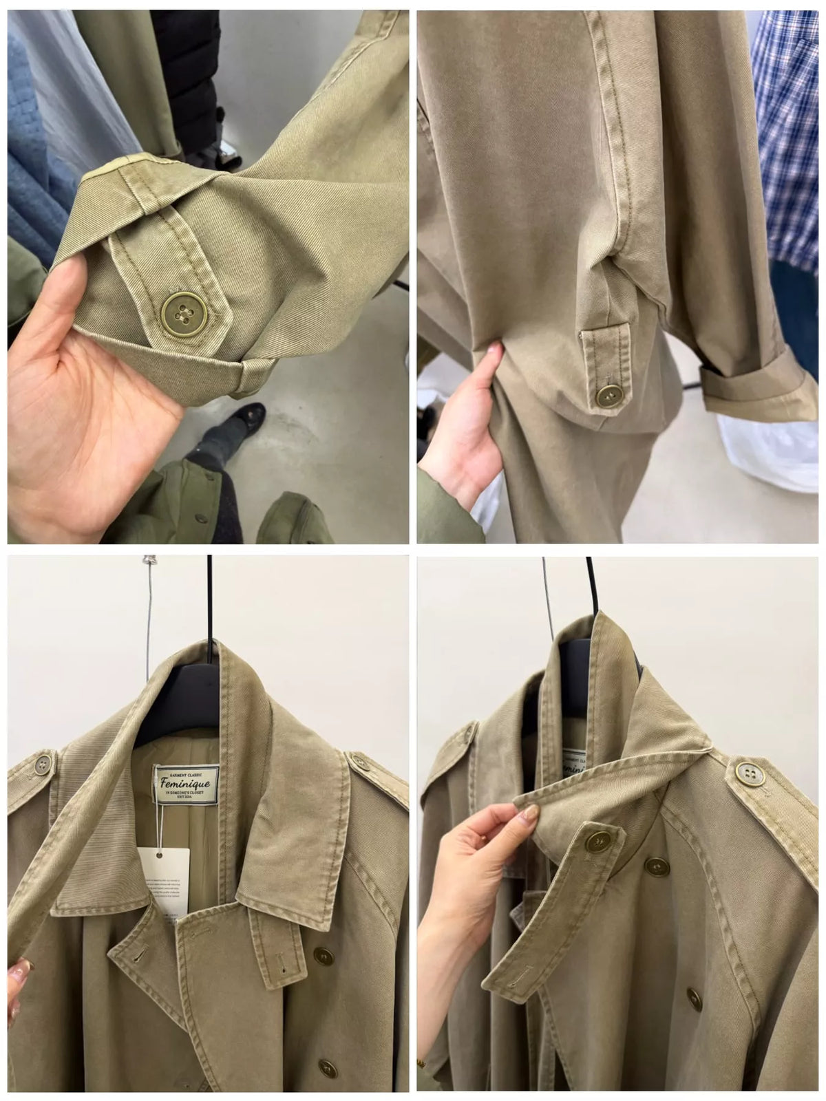 Khaki double-breasted belted cotton trench coat, cuff tabs, belt loop, collar, and shoulder tab close-ups