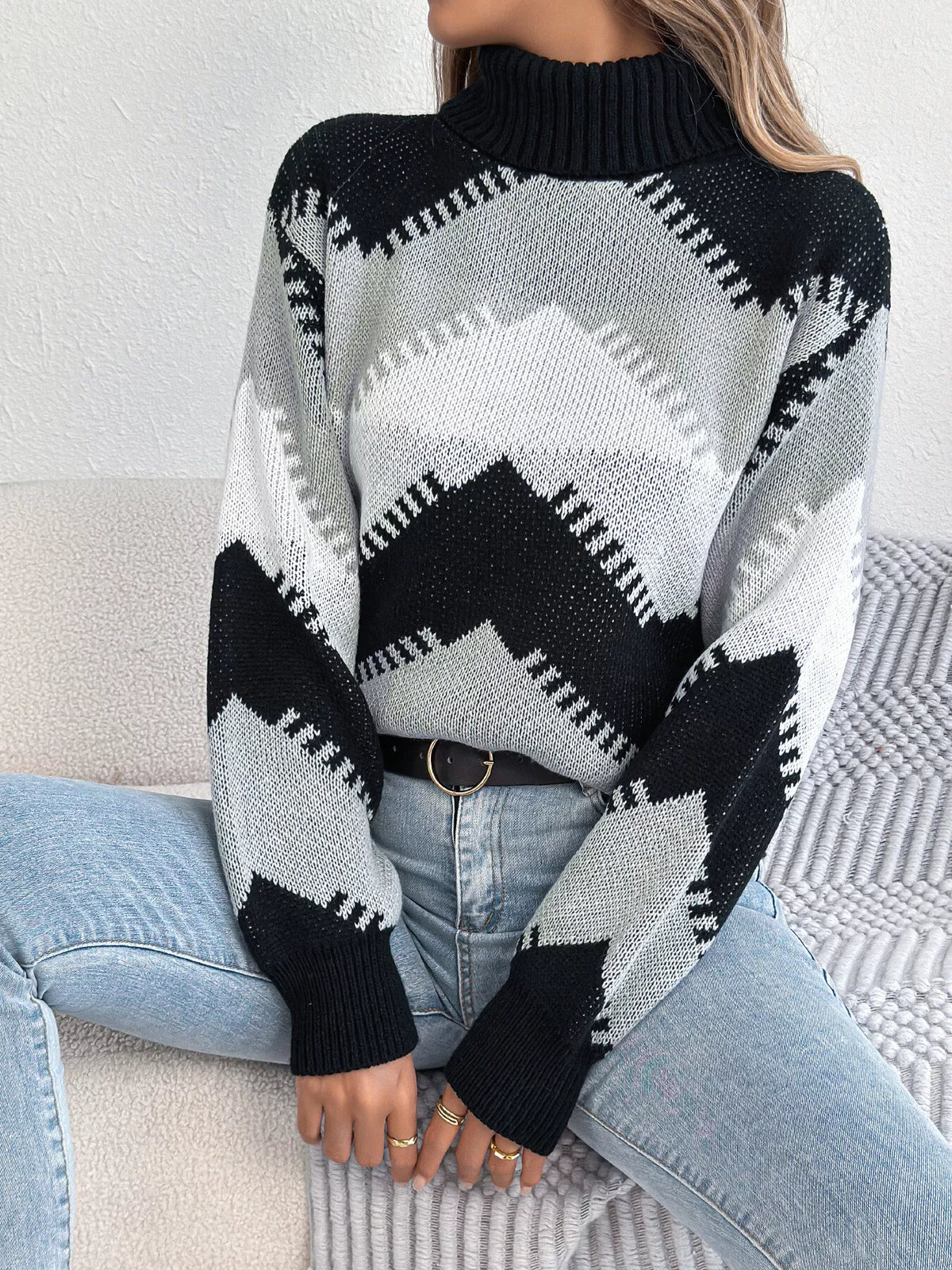 Black chevron pattern turtleneck sweater
