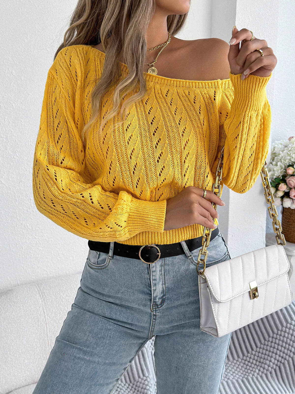 Yellow openwork one shoulder sweater