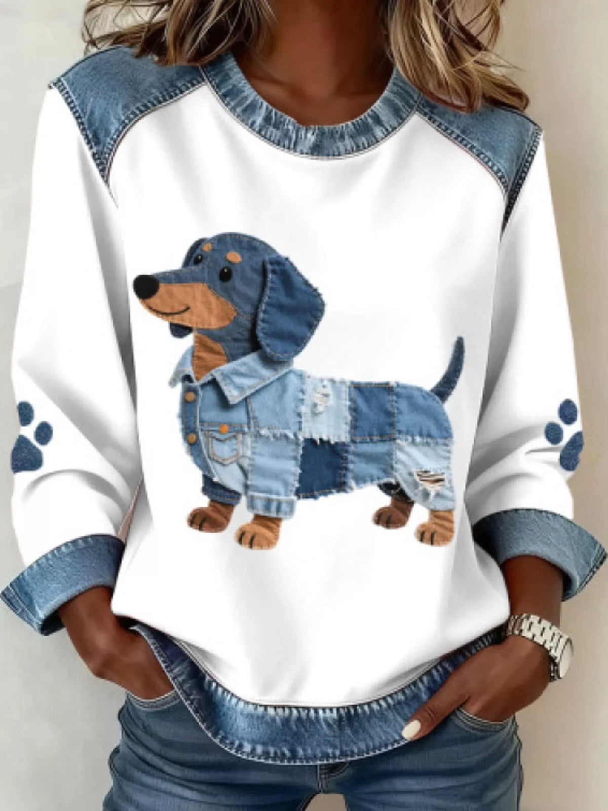 White dog denim patchwork waffle knit sweatshirt