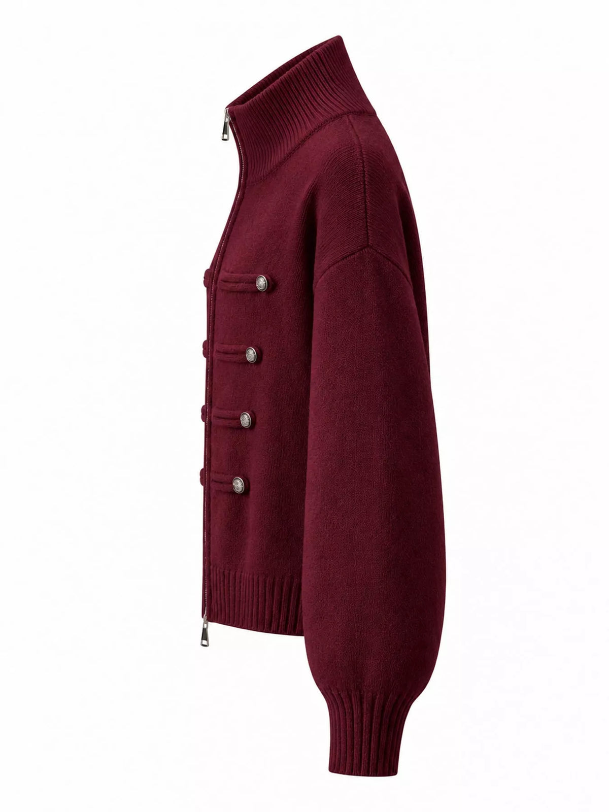 Burgundy turtleneck zip-up cardigan