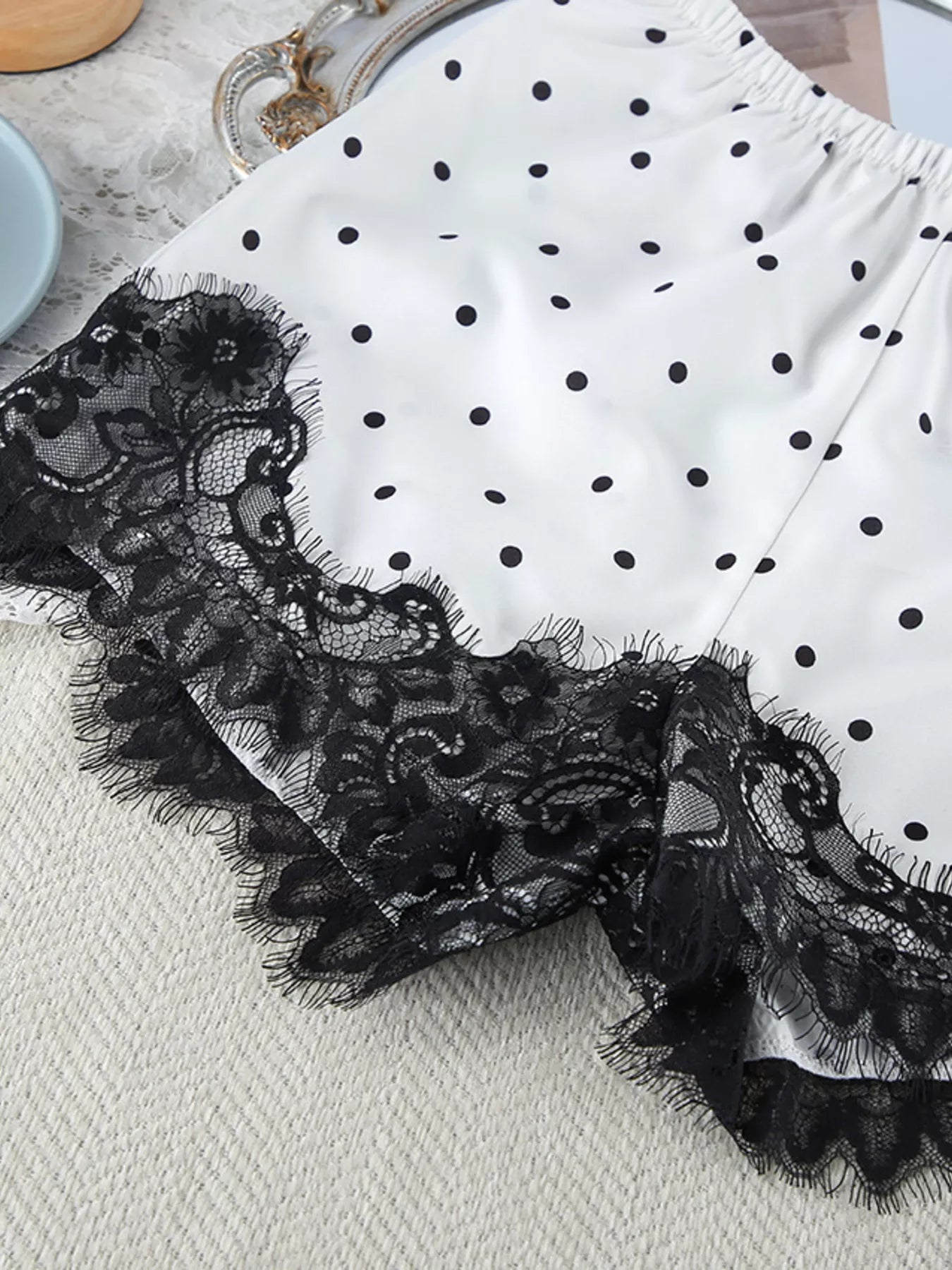 Trendsi Polka Dot Lace Trim Cami & Cardigan and Shorts Set -