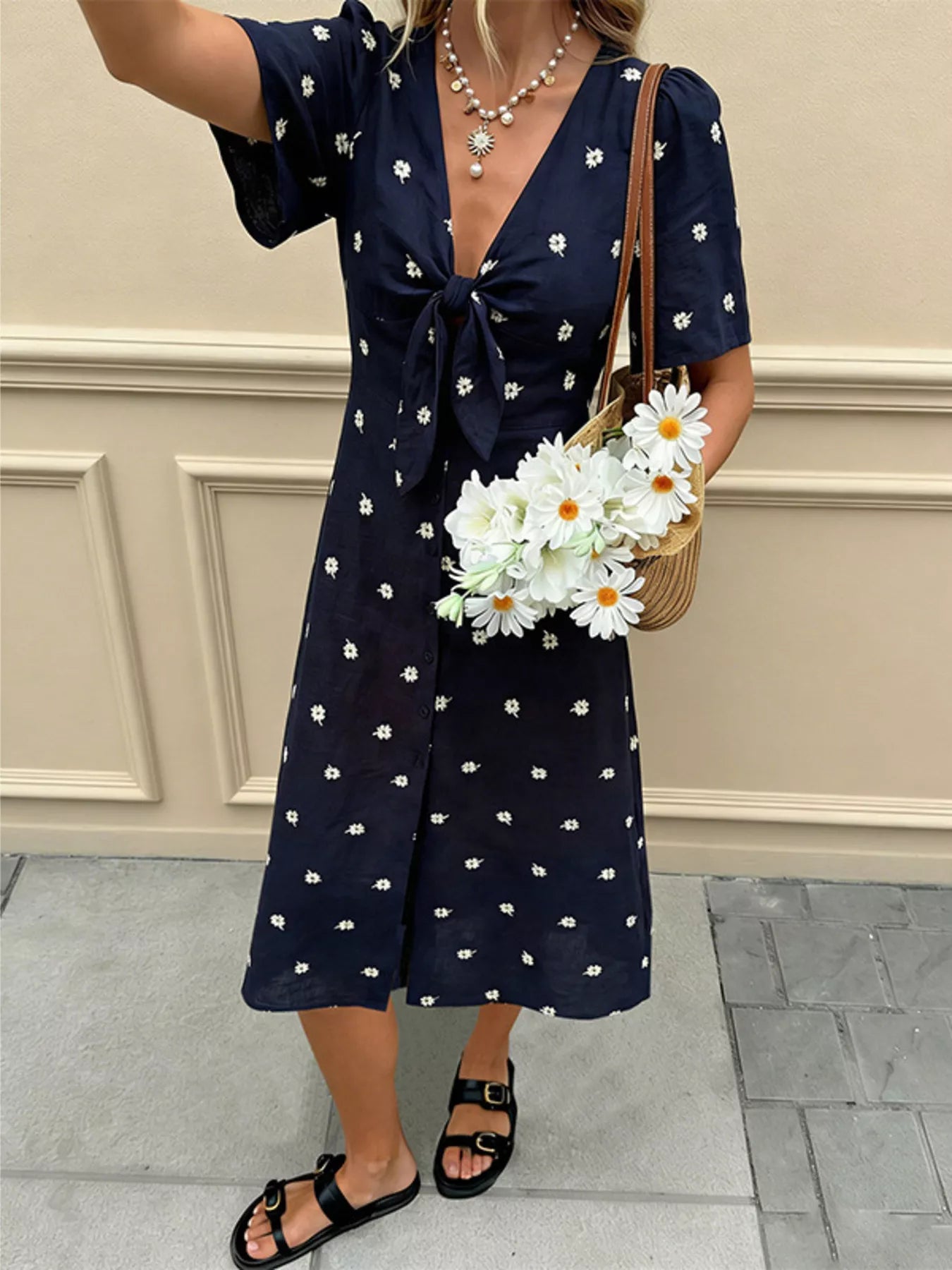 Trendsi Daisy Print Tie-Front Midi Dress -