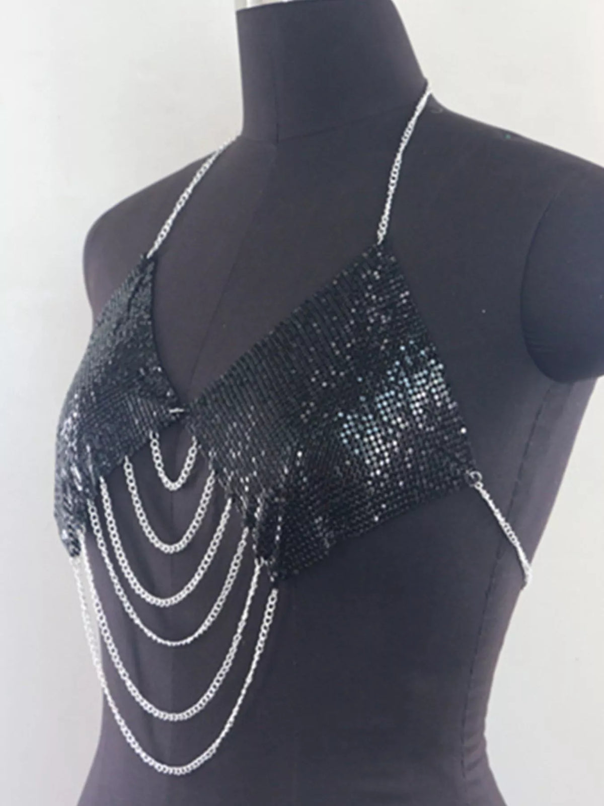 Black metallic chainmail halter cami top, side view