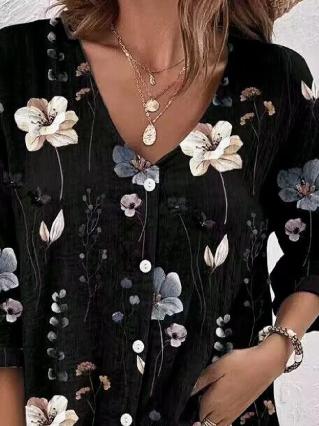 Trendsi Floral Print V-Neck Button-Down Shirt -