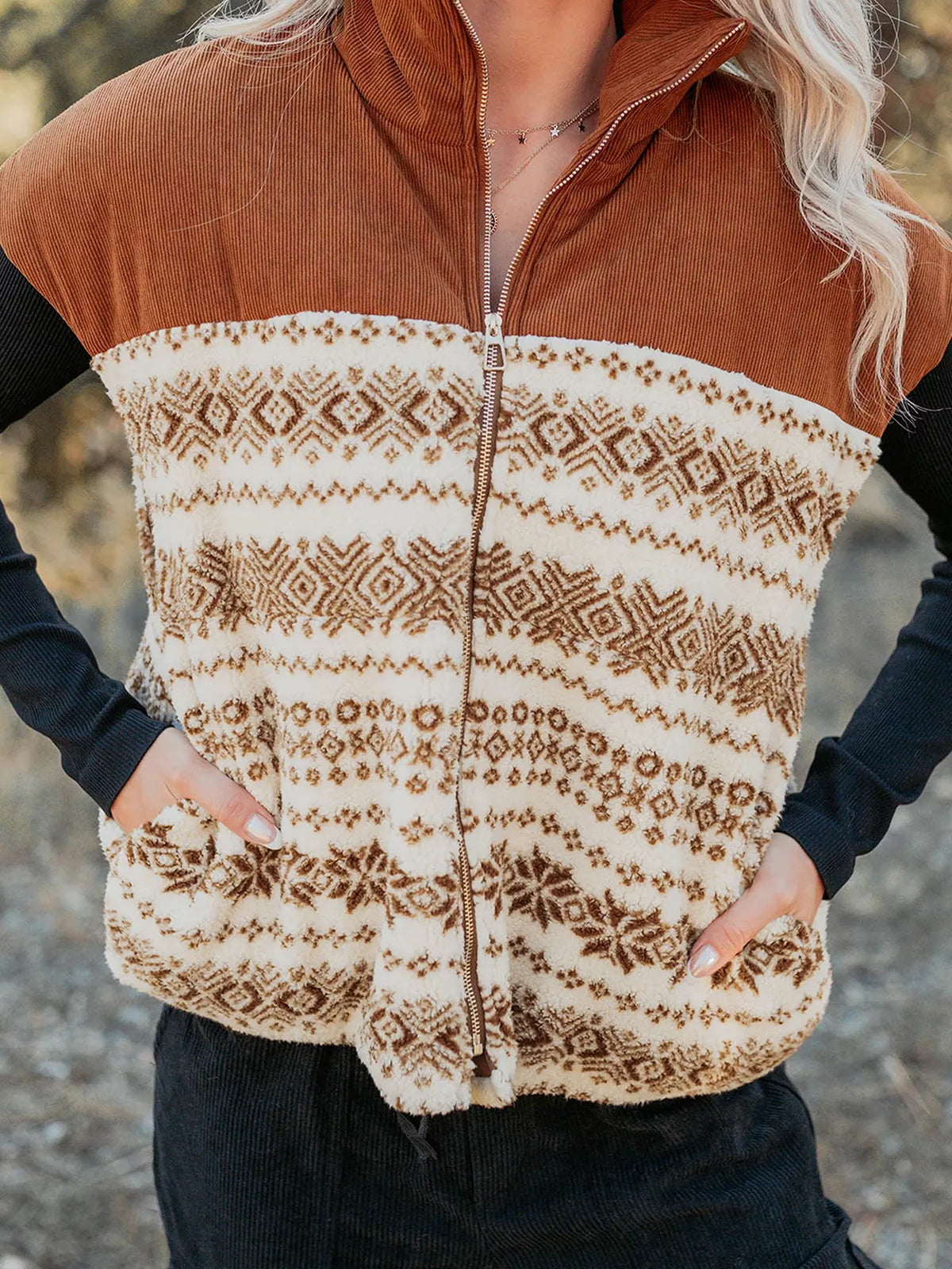 Geometric fleece vest, brown geometric vest zipped front