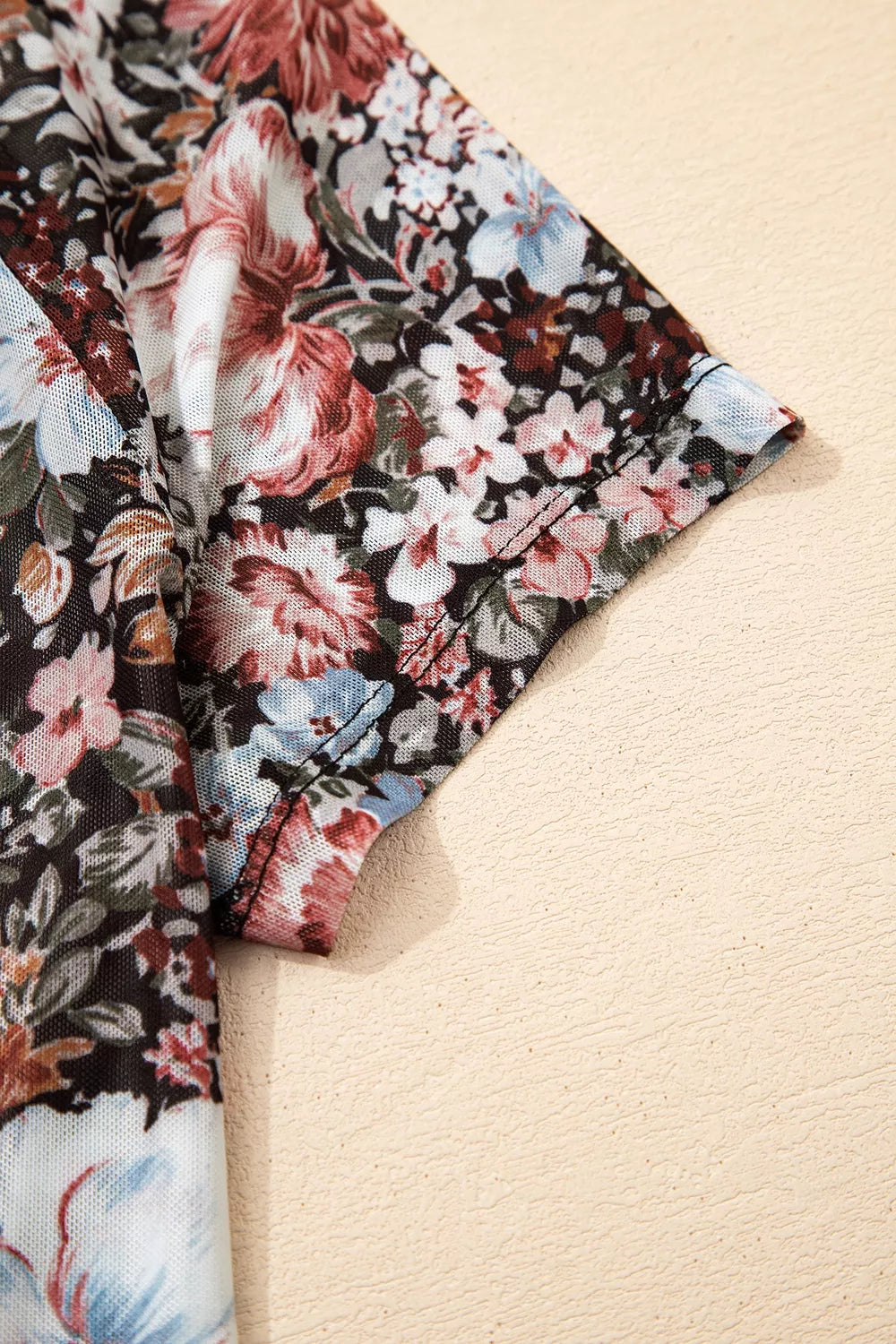 Trendsi Floral Print Mock Neck Sheer Mesh Top -
