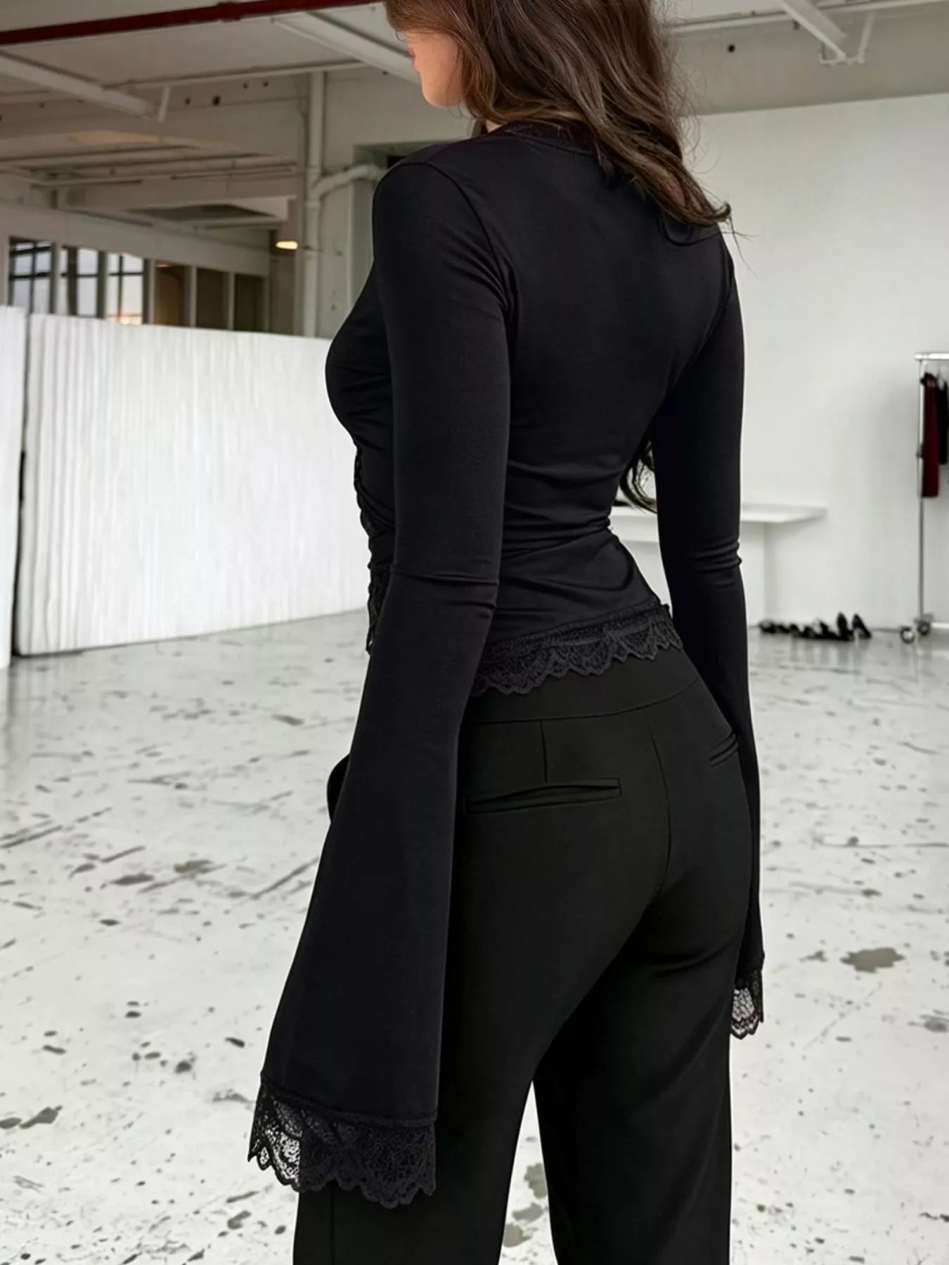 Trendsi Lace-Trimmed Long Sleeve Wrap T-Shirt -