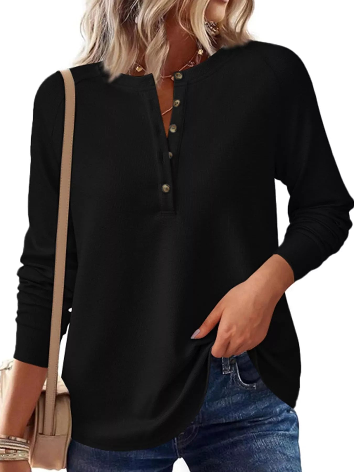 Trendsi Waffle Knit Henley Long Sleeve T-Shirt -