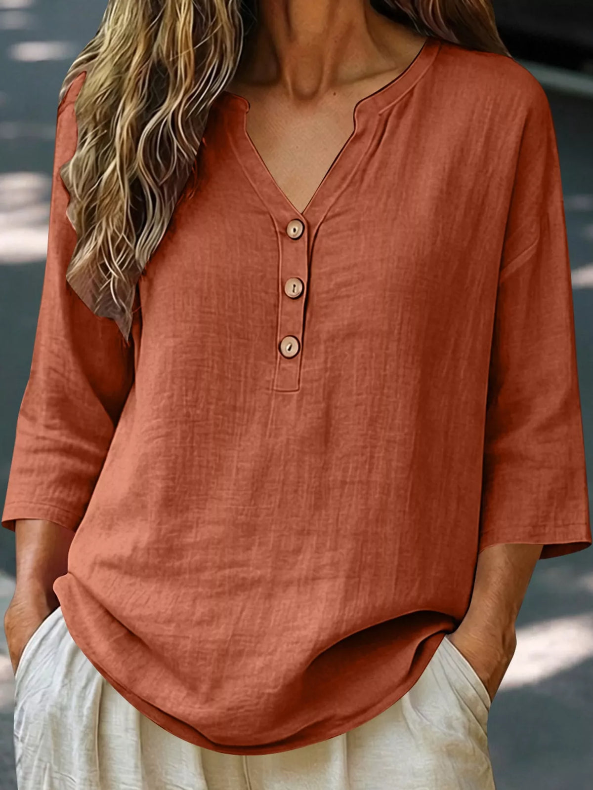Button Notched 3/4 Sleeve Blouse in rust, front view
