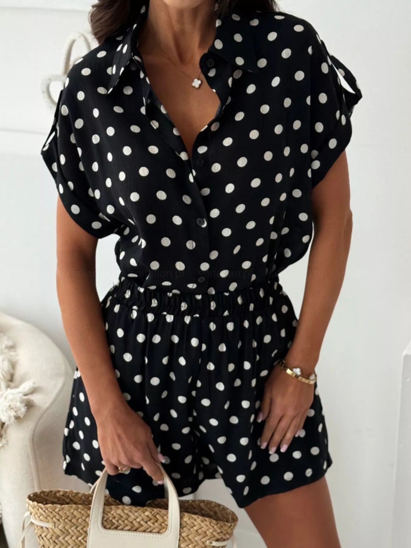 Trendsi Polka Dot Button Up Shirt and Shorts Set -